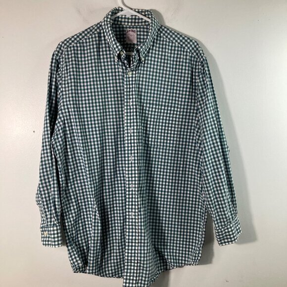 Mens Brooks Brothers Gingham Button Shirt Green White Cotton 16 1/2 Long Sleeve - Picture 1 of 11
